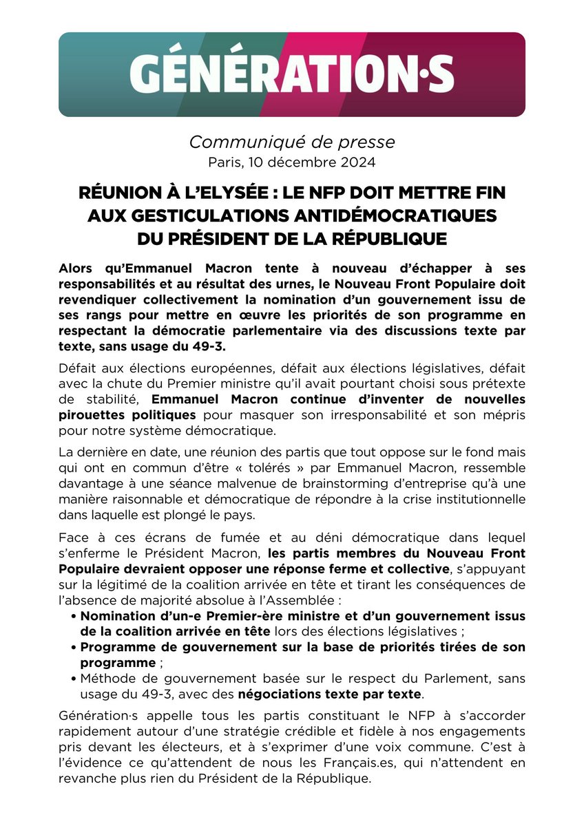 Réunion à l'Elysée : le Nouveau Front Populaire doit mettre fin aux gesticulations antidémocratiques du Président de la République !

Communiqué de Génération·s ⤵️