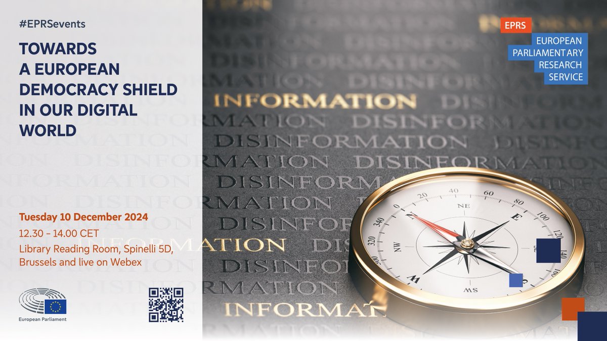 European Parliamentary Research Service (@ep_eprs) on Twitter photo Don't forget! Join us at lunch time to discuss Towards a European democracy shield in our digital world
12:30 with <a href="/sabineverheyen/">Sabine Verheyen</a> <a href="/Arvinn/">Arvinn E. Gadgil</a> <a href="/grzegorzewskif/">Filip Grzegorzewski 🇪🇺</a> <a href="/charlob59/">Charles Baubion</a> Seemab Sheikh @NajaBentzen
📺Attend online europa.eu/!x7qkh7
📑Read europa.eu/!fq7ymD
#EPRSevents Don't forget! Join us at lunch time to discuss Towards a European democracy shield in our digital world
12:30 with <a href="/sabineverheyen/">Sabine Verheyen</a> <a href="/Arvinn/">Arvinn E. Gadgil</a> <a href="/grzegorzewskif/">Filip Grzegorzewski 🇪🇺</a> <a href="/charlob59/">Charles Baubion</a> Seemab Sheikh @NajaBentzen
📺Attend online europa.eu/!x7qkh7
📑Read europa.eu/!fq7ymD
#EPRSevents