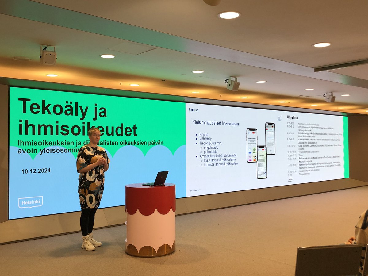 Perustajamme <a href="/AnnaJuusela/">Anna Juusela | ainoaid.fi ✨</a> kertoi #AinoAid™️ palvelusta <a href="/helsinki/">Helsingin kaupunki</a> kaupungin tapahtumassa aktiivisille kaupunkilaisille.

#lähisuhdeväkivalta #tekoäly #ihmisoikeuksienpäivä #ihmisoikeudet #InternationalDigitalRightsDays