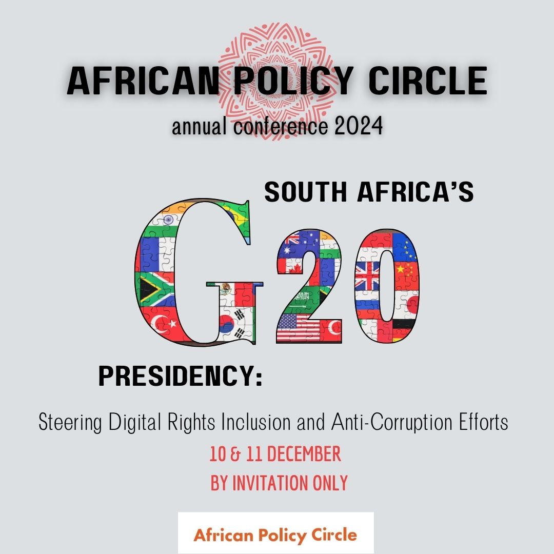 🌍💡The African Policy Circle is hosting a conference on 'South Africa G20 Presidency: Steering Digital Rights, Inclusion, and Anti-Corruption Efforts'.

📍Lilongwe, Malawi, Dec 10-11, 2024. Supported by <a href="/KAS_PolDiSSA/">KAS_PolDiSSA</a>. #DigitalRights #G20Presidency #APCConf2024 #G20SouthAfrica