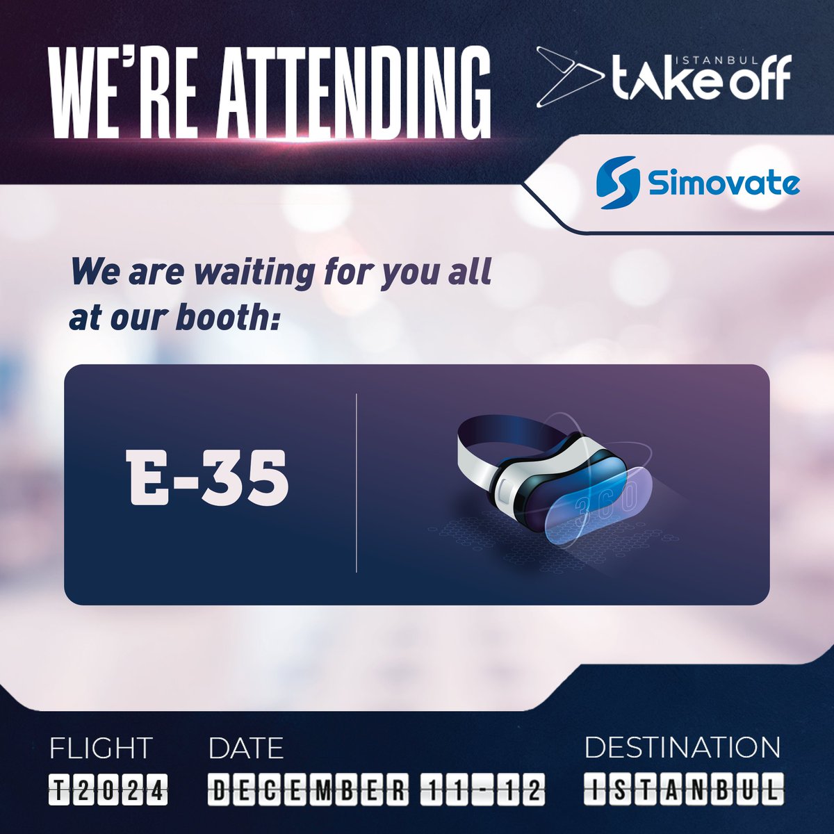 Simovate is at Take Off Istanbul! 🚀Visit us at booth E-35 to explore our innovative tech &amp; entrepreneurial solutions. We can't wait to see you on December 11-12 at Istanbul Expo Center!Don’t miss out new opportunities await! 🗓️👉🏻 #TakeOffIstanbul #TakeOffStartupSummit
