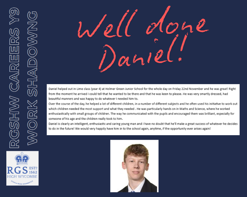 RGSHWCareers's tweet image. Thrilled to hear such positive feedback about Daniel’s Work Shadowing Day! His initiative, communication skills &amp;amp; enthusiasm made a real impact on the pupils. A fantastic example of a young person stepping up &amp;amp; making a difference! @rgshw #ProudMoments #RoleModel #WorkSkills