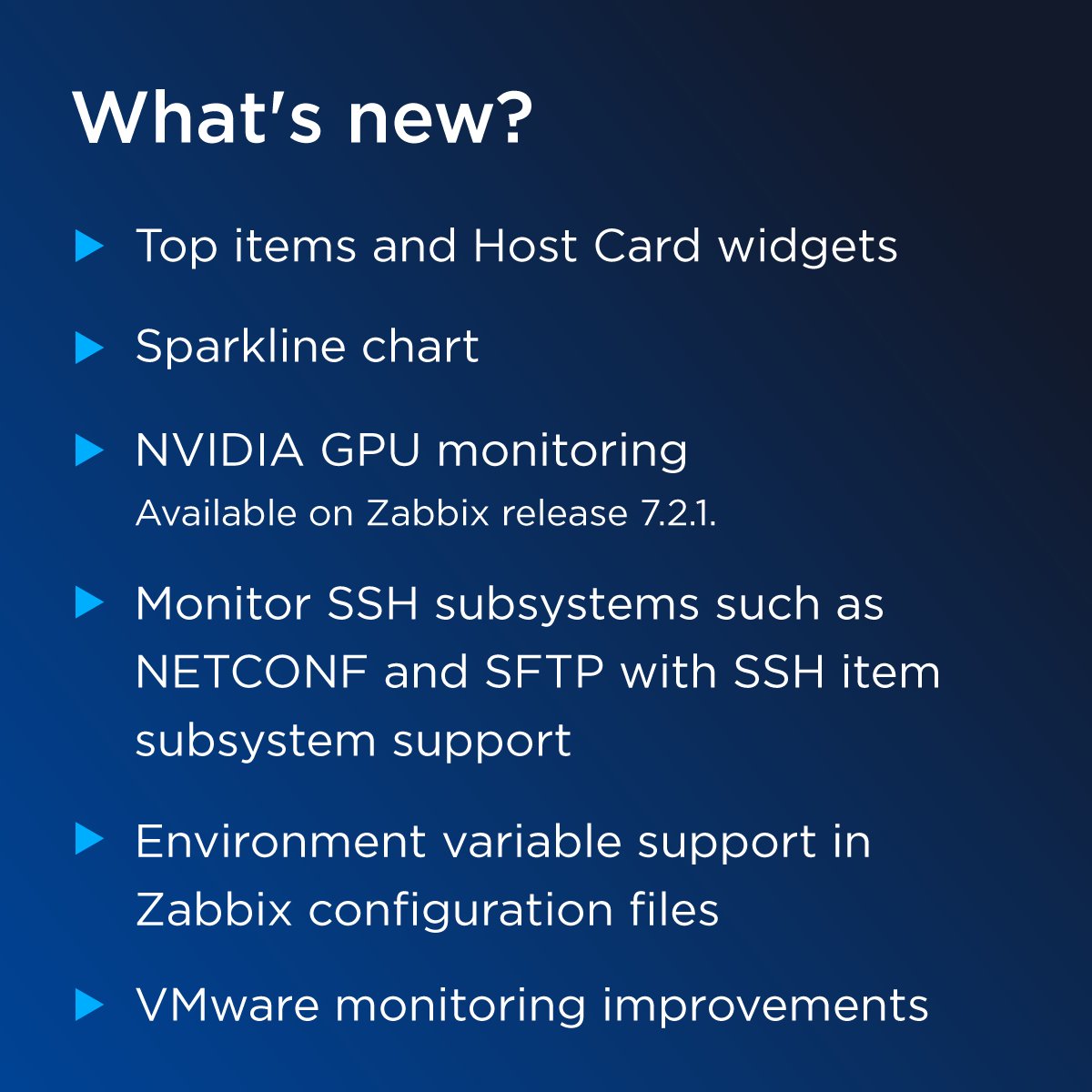 zabbix's tweet image. Zabbix 7.2 is out now! 

The latest major release adds features like: 
👉New ways to visualize your data and host information 
👉 NETCONF and NVIDIA GPU monitoring features 
👉 Improvements to automation and alerting workflows 

Read more: zabbix.com/whats_new_7_2