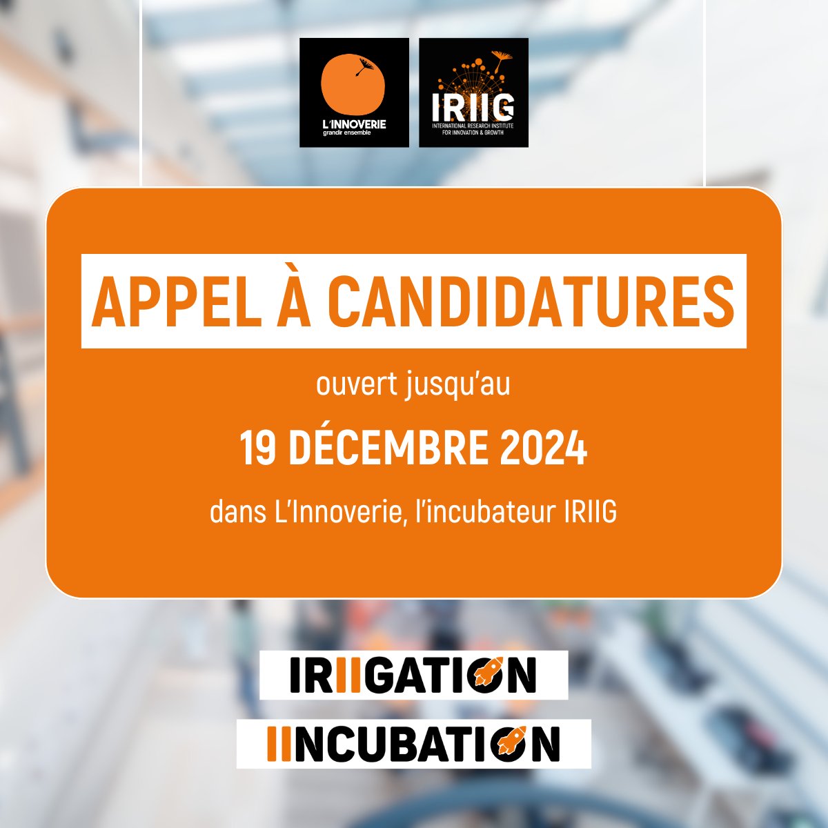 📣 Appel à Candidatures - Programmes d'Incubation à L'Innoverie 📣

·         Clôture de l'appel à candidatures : 19 décembre à 23h00
·         Phase de sélection : jusqu’au 8 janvier 
·         Démarrage des programmes : 13 janvier

Pour candidater ➡️ hubs.li/Q02_30jj0