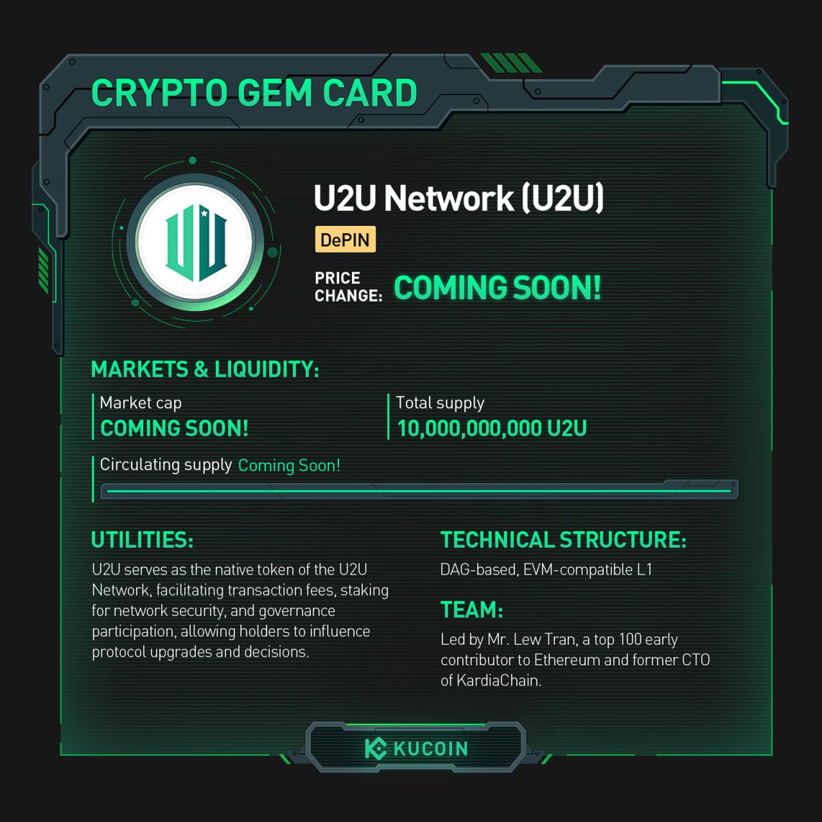 kucoincom's tweet photo. #U2U trading is now live on #KuCoin!

🚀U2U/USDT: https://t.co/oJR48M7Gh4 

Find out more about @uniultra_xyz in #KuCoinCryptoGem card.

#DePIN https://t.co/28zMRHR51n