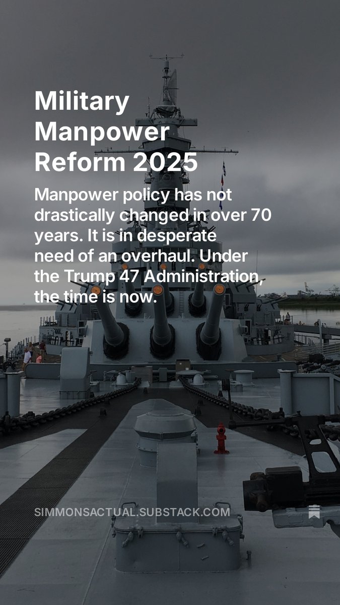 It's out!!!  Everyone's favorite topic (it really should be) - Military Manpower.  This is my solution for reform to DoD Manpower that will support <a href="/realDonaldTrump/">Donald J. Trump</a> and <a href="/PeteHegseth/">Pete Hegseth</a> in their vision for improving lethality (and efficiency) within the DoD.
open.substack.com/pub/simmonsact…