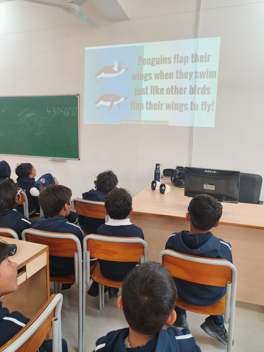 Students of UKG learning some interesting facts about Fat Goose or Penguins through audio visual aids
