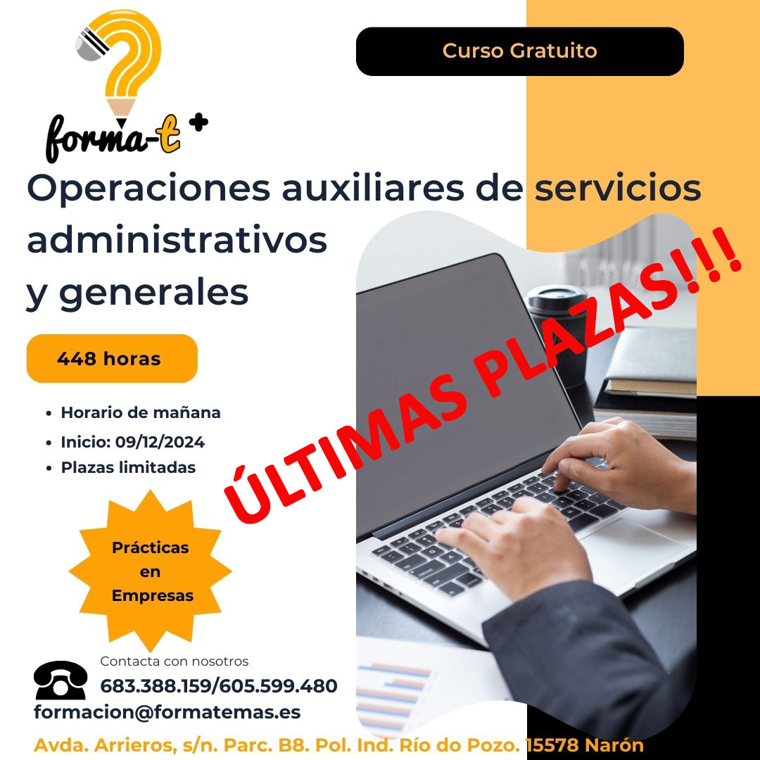Curso gratuito con becas y ayudas para el alumnado. Prácticas en empresa. Plazas limitadas.
CONSIGUE TU CERTIFICADO PROFESIONAL.
Llámanos ahora, todavía quedan plazas.
Tfnos:  683.388.159
               605.599.480