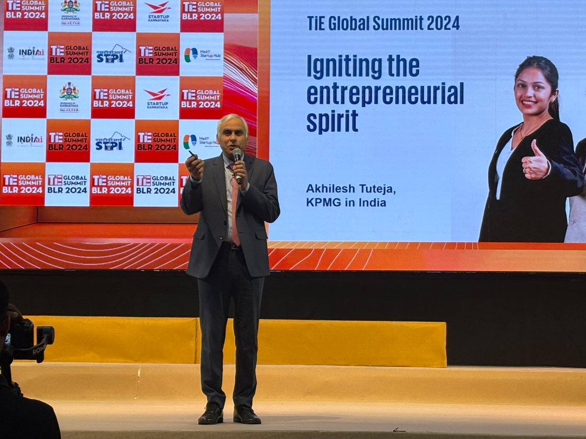 KPMGIndia's tweet photo. .@AkhileshTuteja, @KPMGIndia speaking at the TiE Global Summit 2024, Bengaluru:

In India, women own approximately 20% of #MSMEs, and nearly 45% of #startups are emerging from tier 2 and 3 cities. With over 1,000 #incubators offering resources, mentorship, and funding, #entrepreneurship in India is truly being democratised!

As entrepreneurs, you do not have to chase what's coming tomorrow. A lot of magic can be created with what's available today. To make your entrepreneurial journey successful, focus on building a sustainable #businessmodel. In the long run, despite any obstacles, #soundeconomics will always prevail.

@TiEBangalore #TGS2024 #startups #TiEGlobalSummit2024 #Entrepreneurship #Innovation