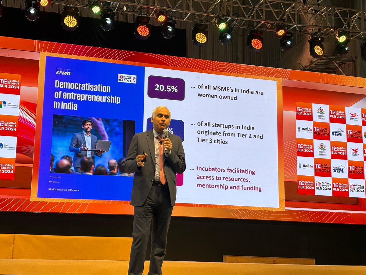 KPMGIndia's tweet photo. .@AkhileshTuteja, @KPMGIndia speaking at the TiE Global Summit 2024, Bengaluru:

In India, women own approximately 20% of #MSMEs, and nearly 45% of #startups are emerging from tier 2 and 3 cities. With over 1,000 #incubators offering resources, mentorship, and funding, #entrepreneurship in India is truly being democratised!

As entrepreneurs, you do not have to chase what's coming tomorrow. A lot of magic can be created with what's available today. To make your entrepreneurial journey successful, focus on building a sustainable #businessmodel. In the long run, despite any obstacles, #soundeconomics will always prevail.

@TiEBangalore #TGS2024 #startups #TiEGlobalSummit2024 #Entrepreneurship #Innovation