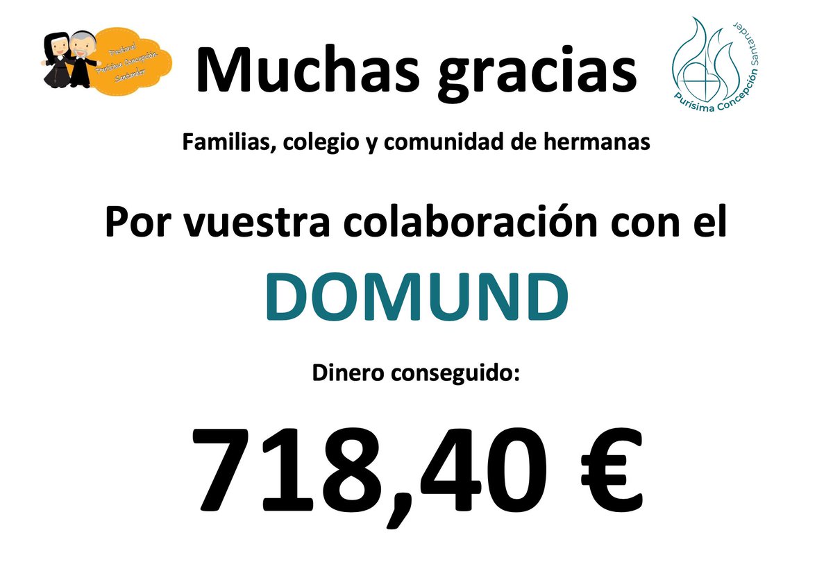 Muchas gracias al alumnado, la familia, a la comunidad de hermanas y a la comunidad educativa por vuestro esfuerzo. Hemos obtenido 718,40€ en la recaudación del Domund, una ayuda que cambia vidas.

#PurisimaConcepciónSantander
#ColegiosHHCC
#EducaciónVicenciana