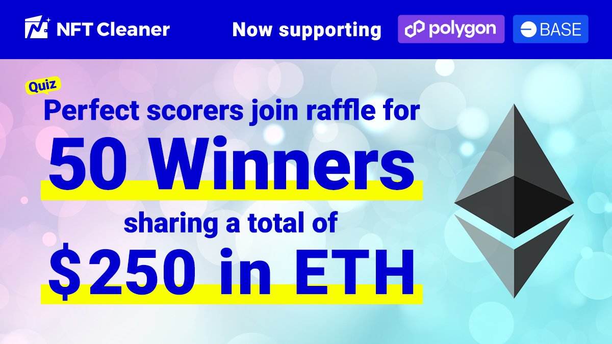 #NFTCleaner buys your NFTs for a 0.0005 ETH (approx. $2) service fee💪
nft-cleaner.xyz

🎉Now Supporting Polygon &amp; Base🎉

💰Answer quiz correctly for a chance to win $5 in ETH
🎁50 winners

Ends Dec. 15 23:59 (JST)

✅Repost&amp;Like
✅forms.gle/WV3YAdJ4KEzmCt…

#NFTPurchase