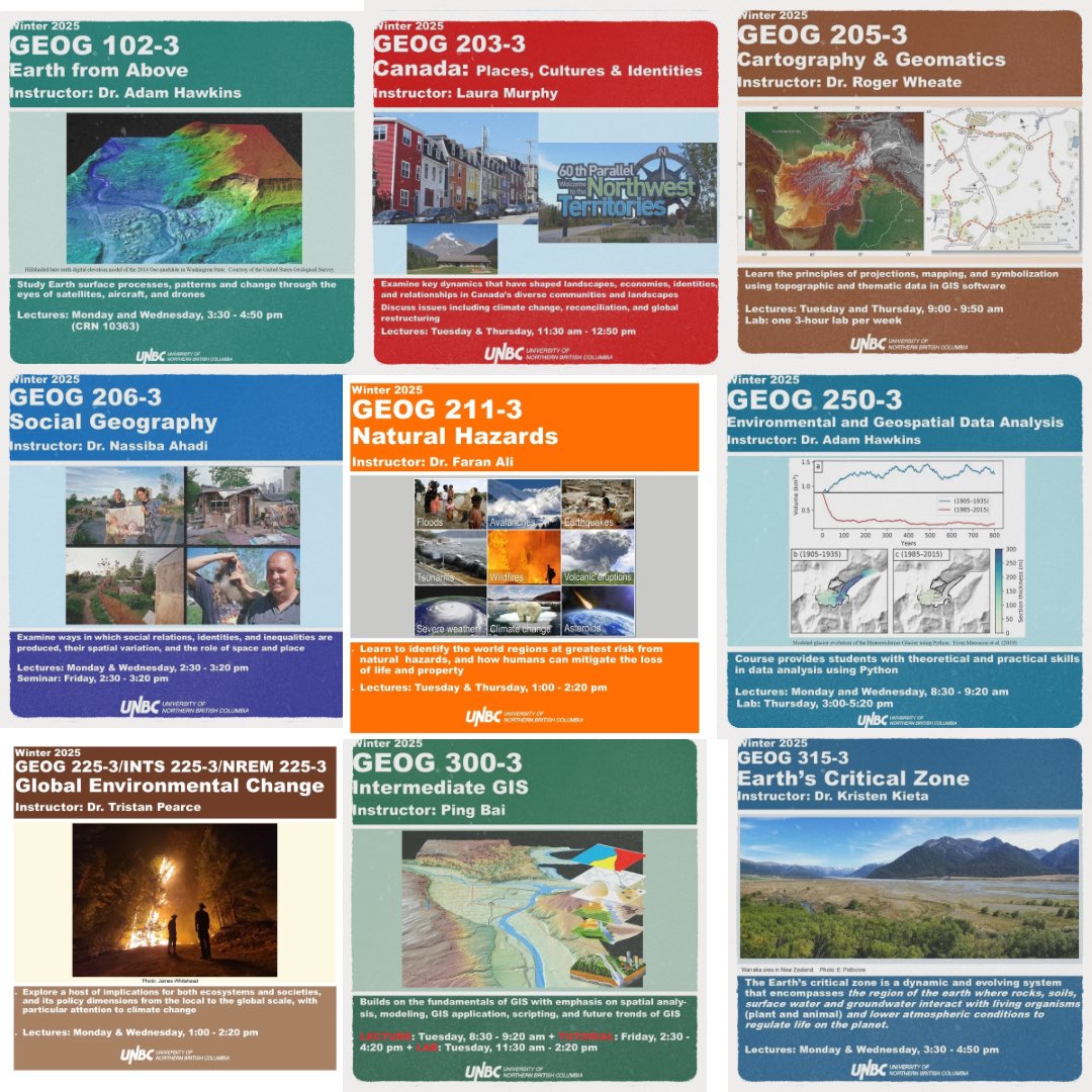 UNBC_GEES's tweet photo. 🌎Our BSc &amp; BA GEOGRAPHY courses next semester feature great instructors &amp; dynamic topics: 

#geomorphology #communitydevelopment #internationaldevelopment #geospatialanalysis #anthropocene #CBR #Arctic #Canada #naturalhazards #socialgeography #cartography #GIS #earthcriticalzone https://t.co/cs9A4lt0Mg