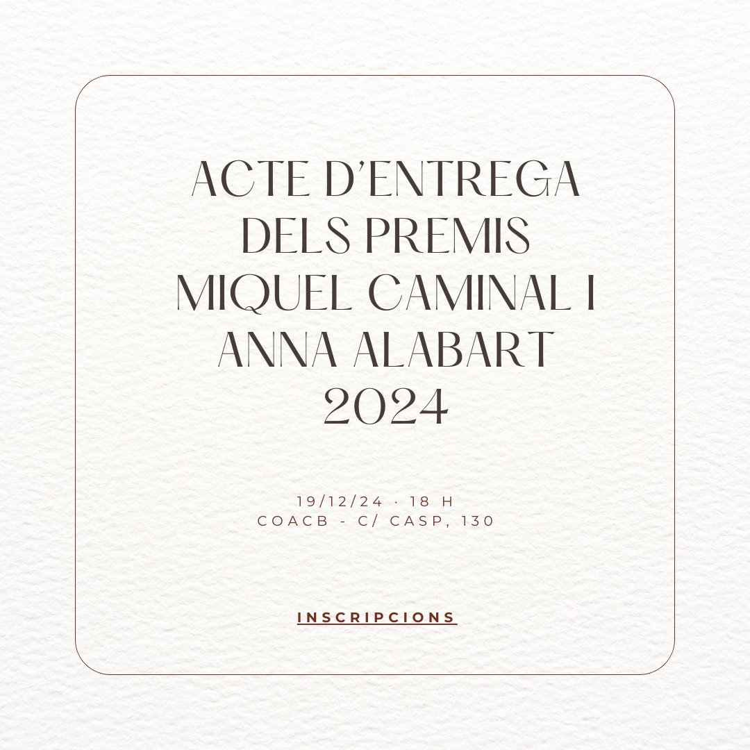 🔔Acte d'entrega dels Premis Miquel Caminal i Anna Alabart 2024 als millors #TFG en #CienciaPolitica i en Sociologia 
🗓️Dijous 19/12 🕕18 h
📍Al <a href="/coacbcn/">COACB</a> (c/ Casp, 130)
❗️Acte obert a tothom 
🥂En acabar l'acte, us convidem a un aperitiu
📌Inscripcions: forms.gle/a9omi2Tq3eUKCS…