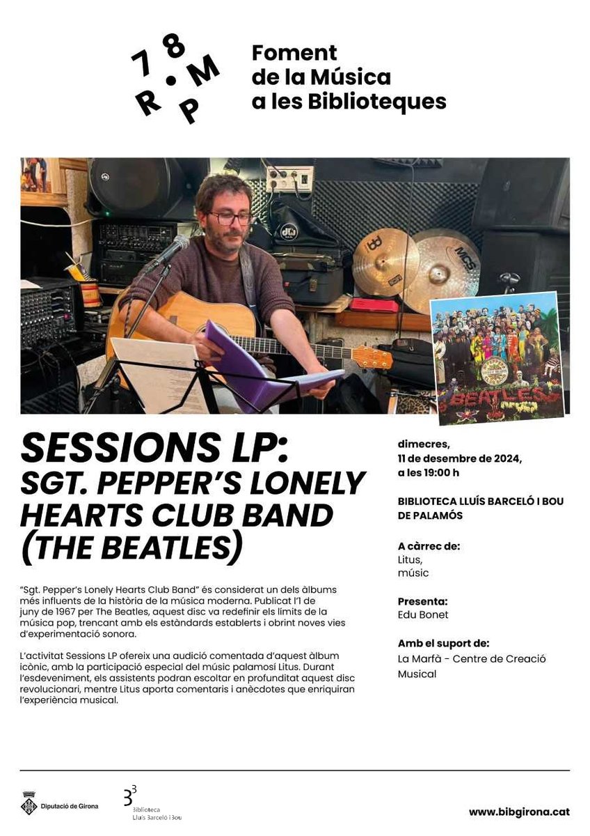 🎶 Aquesta setmana tanquem amb "Sgt. Pepper's Lonely Hearts Club Band" de #TheBeatles. En #Litus ens parlà d'un dels àlbums més influents de la història de la música moderna a l'activitat #78rpm de <a href="/bibgirona/">Servei Biblioteques</a>:
📌 Dimecres 11/12, a les 19 h a #Palamós
ℹ️ infopalamos.cat/esdeveniment/7…