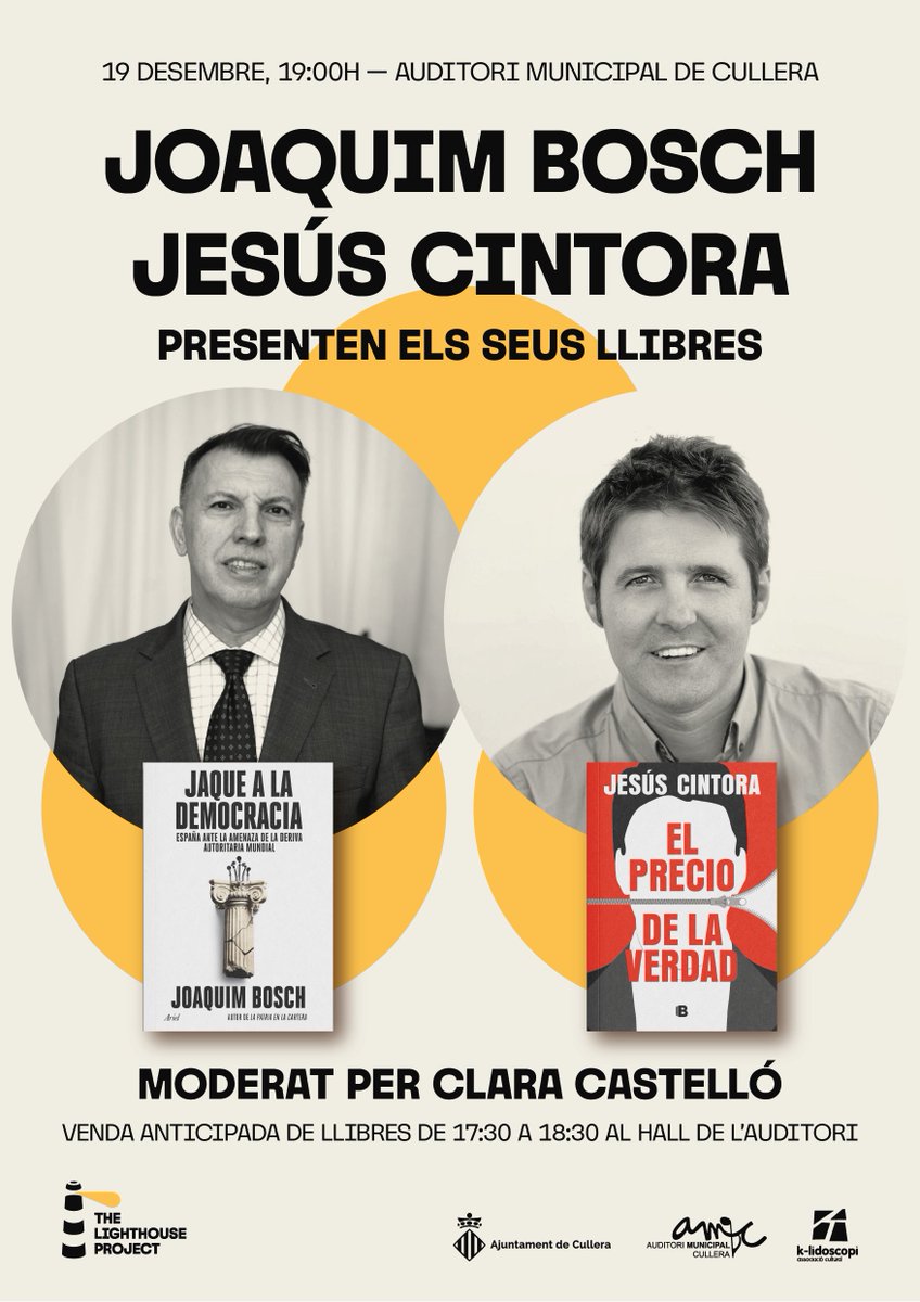 MIA_Cullera's tweet photo. @JoaquimBoschGra i @JesusCintora presentaran els seus últims llibres a #Cullera el 19 de desembre.
Un esdeveniment que debatrà sobre els reptes i el futur democràtic a Espanya, i moderarà @ClaraCastello_.
ℹ️https://t.co/fbjzgdgcbw
#TheLighthouseProject https://t.co/EMcdolVSdu
