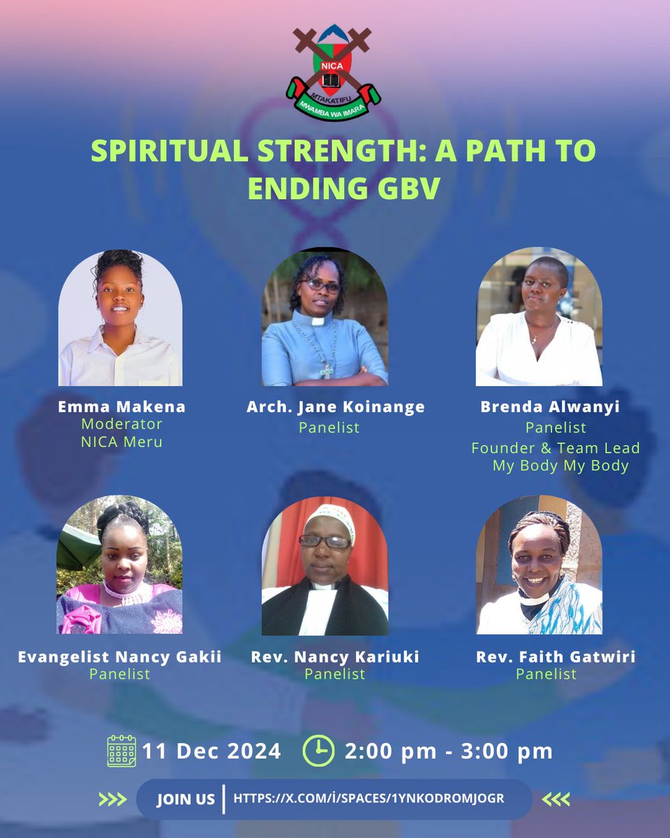 NicaMeru's tweet photo. 🗓️ Wednesday, 11th December 2024
🕑 2:00 PM - 3:00 PM EAT
Theme: Spiritual Strength: A Path to Ending GBV  

Join us for an insightful discussion as we explore how spirituality can inspire and strengthen efforts to end GBV  

📌 Link:  https://t.co/vjcnGidQhg 

#16DaysOfActivism https://t.co/Yx2MdqaJ3x