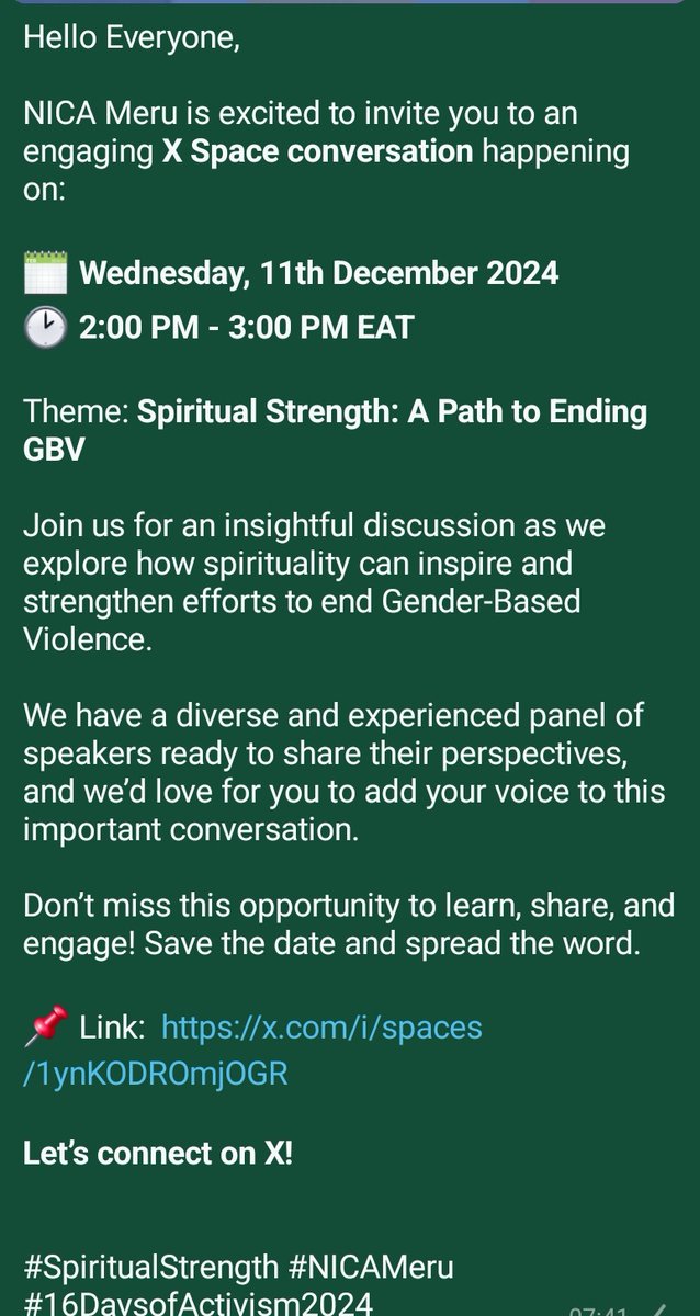 NicaMeru's tweet photo. 🗓️ Wednesday, 11th December 2024
🕑 2:00 PM - 3:00 PM EAT
Theme: Spiritual Strength: A Path to Ending GBV  

Join us for an insightful discussion as we explore how spirituality can inspire and strengthen efforts to end GBV  

📌 Link:  https://t.co/vjcnGidQhg 

#16DaysOfActivism https://t.co/Yx2MdqaJ3x