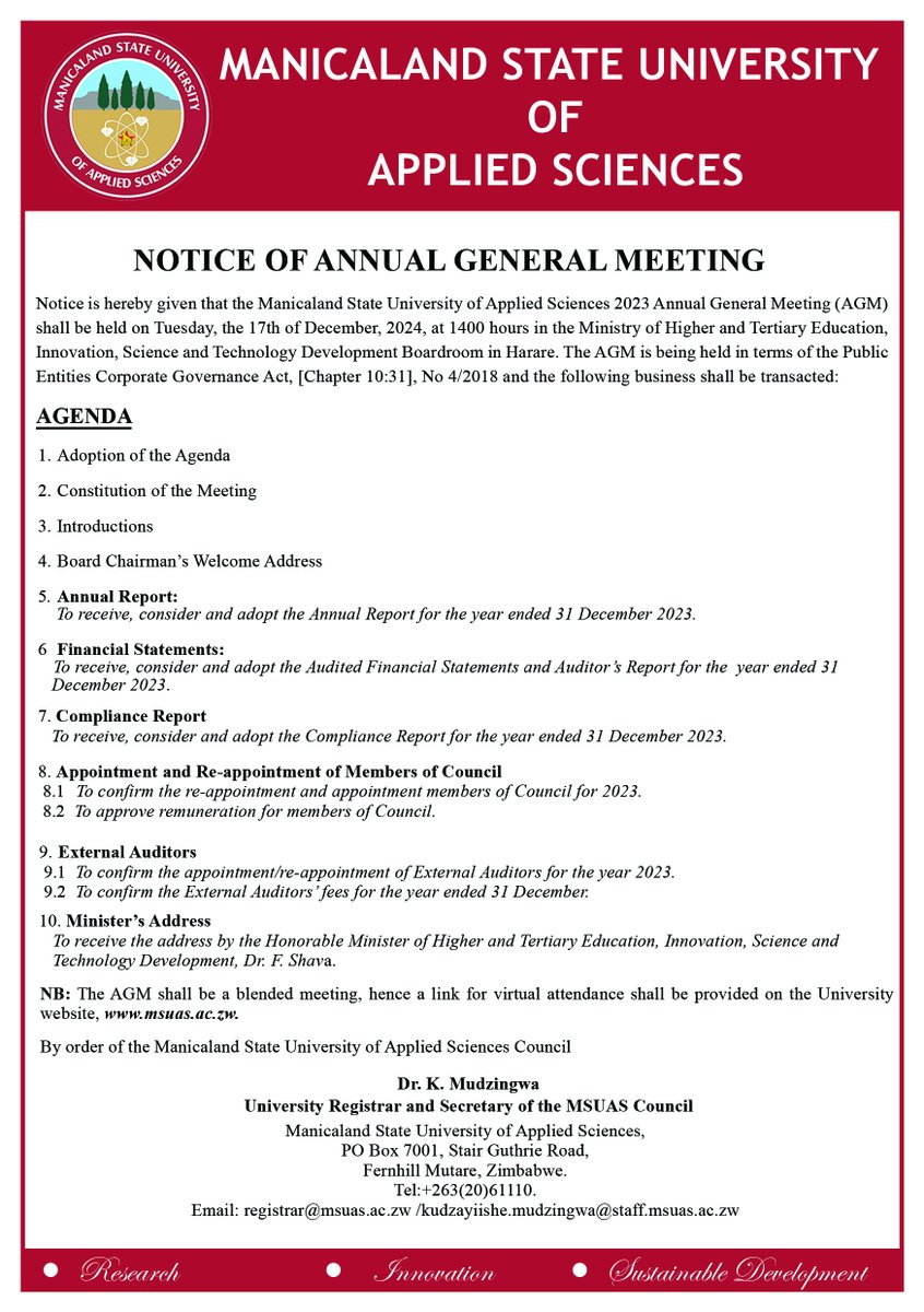 NOTICE OF ANNUAL GENERAL MEETING. 

MSUAS  invites all stakeholders to its AGM. Join us as we reflect on our  achievements, discuss our future plans, and make key decisions for the  growth and development of our institution.
#TEAMMSUAS
#AGM
#UNIVERSITYPLANS