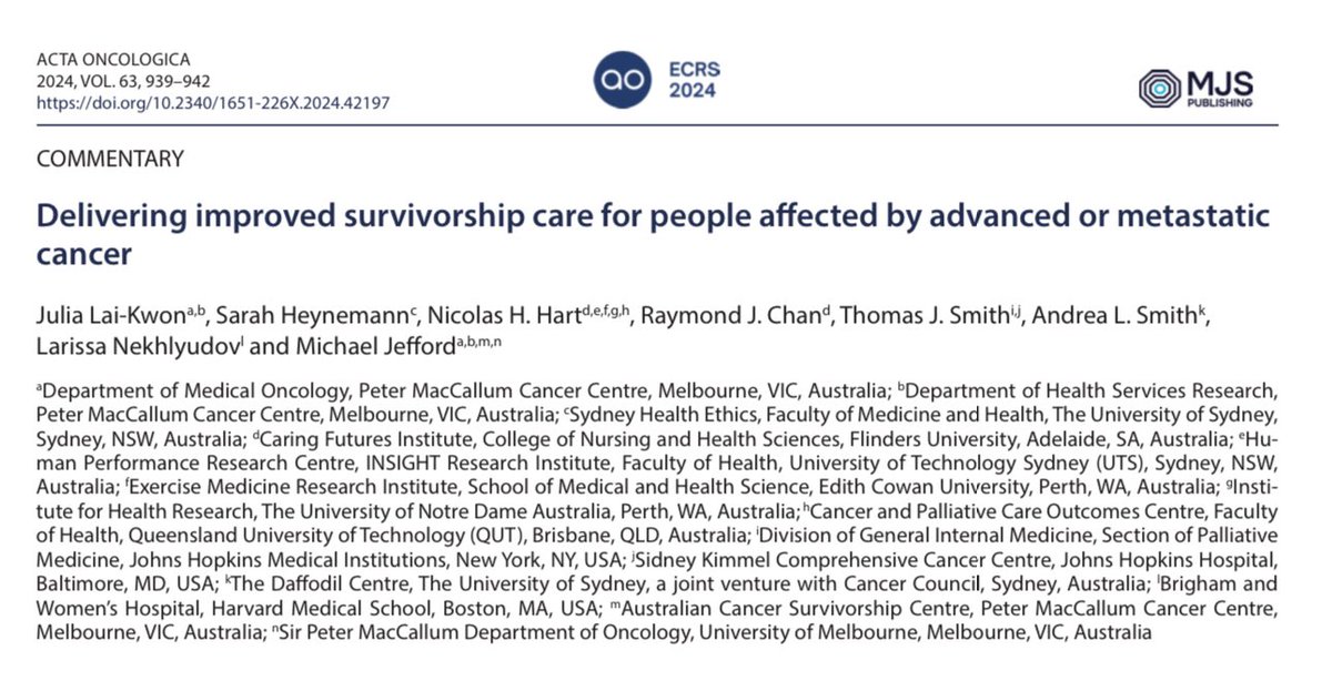 Nicolas Hart (@drnicolashart) on Twitter photo Our latest in @ActaOncol led by <a href="/JuliaLaiKwon/">Dr Julia Lai-Kwon</a> on survivorship care for advanced or metastatic cancer.
⏳ Regular discussions about prognosis
✅ Assessment of unmet needs
📝 Referral to services (PROMs)
🆕 New models of care: Surv and Pall
☎️ Communication and care coordination. Our latest in @ActaOncol led by <a href="/JuliaLaiKwon/">Dr Julia Lai-Kwon</a> on survivorship care for advanced or metastatic cancer.
⏳ Regular discussions about prognosis
✅ Assessment of unmet needs
📝 Referral to services (PROMs)
🆕 New models of care: Surv and Pall
☎️ Communication and care coordination.
