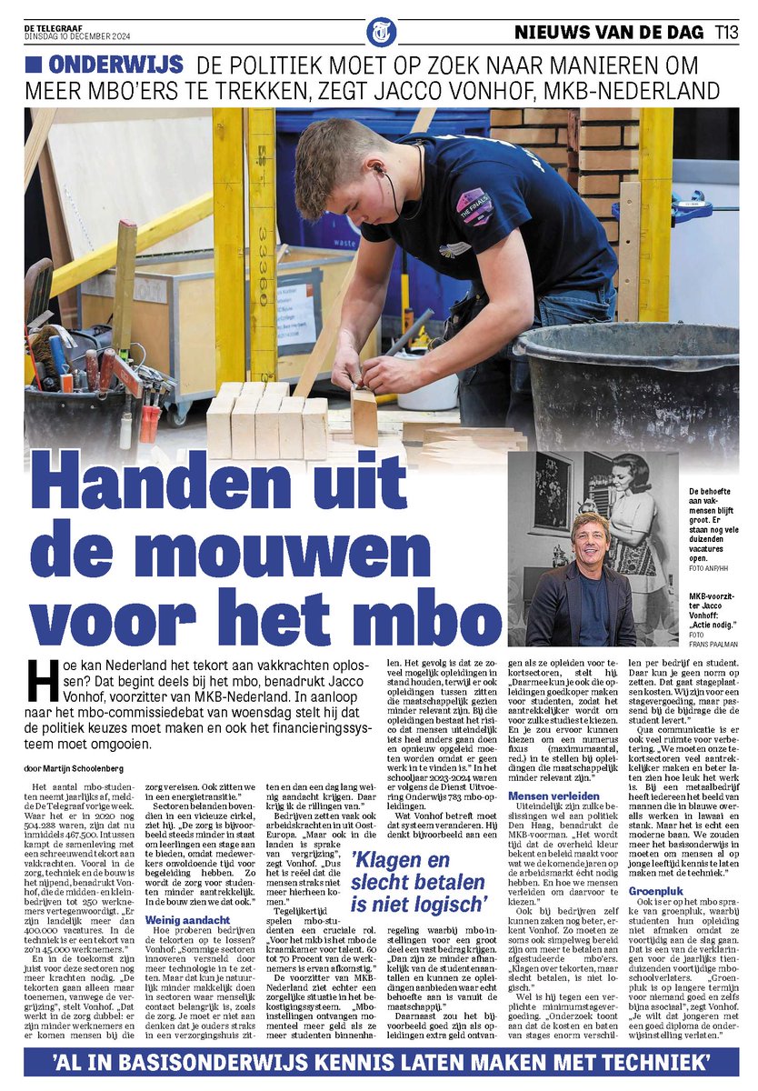 voorzittermkbnl's tweet photo. ‘We moeten op zoek naar manieren om meer mbo’ers te trekken’ 

Lees het artikel in de @telegraaf, morgen debatteert de Tweede Kamer over #mbo 

➡️ https://t.co/9zVDVju57d https://t.co/HcviztVHjy