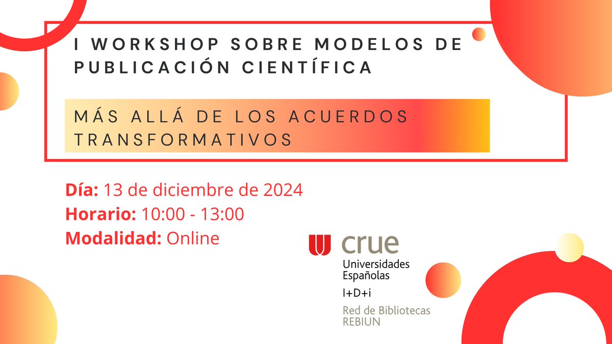 🚨 INFORMACIÓN IMPORTANTE SOBRE NUESTRO «I Workshop sobre modelos de publicación científica»
Síguelo en directo a través del siguiente link, sin necesidad de inscripción: youtube.com/@REBIUNCrue/st…
Más información en nuestra web 👇
rebiun.org/eventos/2024/i…
