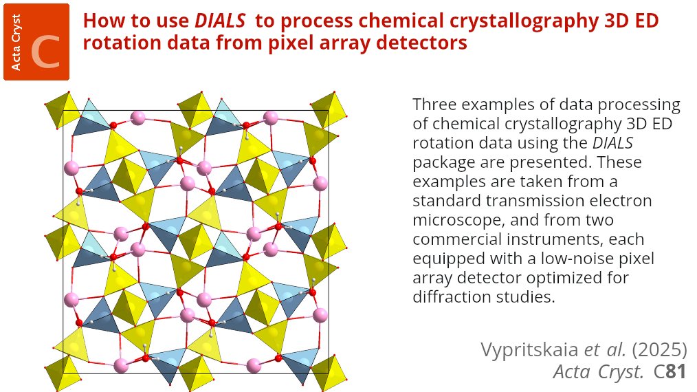 ActaCrystC's tweet photo. Using DIALS to process 3D ED rotation data @ActaCrystC @IUCr https://t.co/AMPVQ0tmXV @Stockholm_Uni @AcesSthlmUni @RutherfordApLab @RCatHarwell @HarwellCampus @HorizonEU @BBSRC @NanedP #3DED #MicroED #DIALS #chemicalcrystallography #crystalstructure #openaccess https://t.co/Ub2yJXIb73