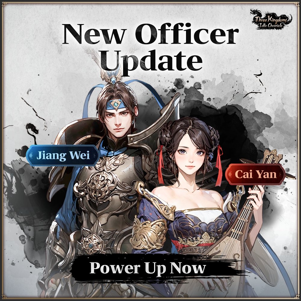 TKIC_en's tweet photo. 🗳️Jiang Wei or Cai Yan! Vote for Your Favorite Officer Event!

Hello, Lord!
This is Three Kingdoms: Idle Chronicle.

Have you had a chance to check out the newly added officers, Jiang Wei and Cai Yan, introduced in the update?

Jiang Wei, a physical-type officer, and Cai Yan, a support-type officer, are likely proving to be valuable additions to many players' lineups.

To see which of these officers you prefer, we’ve prepared an exciting voting event!

■ Jiang Wei or Cai Yan! Favorite Officer Voting Event
​
① Event Duration
- ​2024/12/10 (Tue) – 2024/12/23 (Mon) 9:59 (UTC+8)

② How to Participate
STEP 1. Follow the official X account
​▶ Visit the Three Kingdoms: Idle Chronicle
Link: https://t.co/8I4M6kDyvI

STEP 2. Like the event post, then share it.

STEP 3. Leave a comment on the event post with your in-game nickname and your preferred officer between Jiang Wei and Cai Yan.
※ To receive rewards, make sure to include your correct in-game nickname with all English letters and numbers after the # symbol.

③ Event Rewards
- Lucky Prize (3 Randomly Selected Participants): Free Jade 30,000
- Participation Prize (All Participants): Free Jade 10,000
※ Participants cannot win both Grand and Participation Rewards.
※ Winners and reward details will be announced in a separate post.

[Notes]
- Each game account is eligible for rewards only once.
- Incorrect in-game nicknames in the event participation comment may prevent reward distribution.
- Deleting your participation comment may prevent you from receiving rewards.
- Changing your nickname before rewards are distributed may exclude you from eligibility.
- We are unable to assist with participant errors after rewards have been distributed.
- Event duration, rewards, and distribution schedule may change due to internal circumstances. Any changes will be announced through a separate notice.

Thank you.