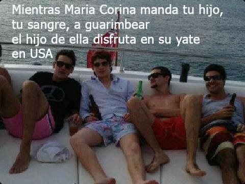 Por qué los hijos de María Corina Machado no están presos, con  "depresión" y "tendencia suicida" ?
Porque a ellos su madre no los mandó a guarimbear, a generar violencia, para eso usó a los hijos de los pendejos, que ahora sufren las consecuencias.
Sus hijos en Miami rumbeando.