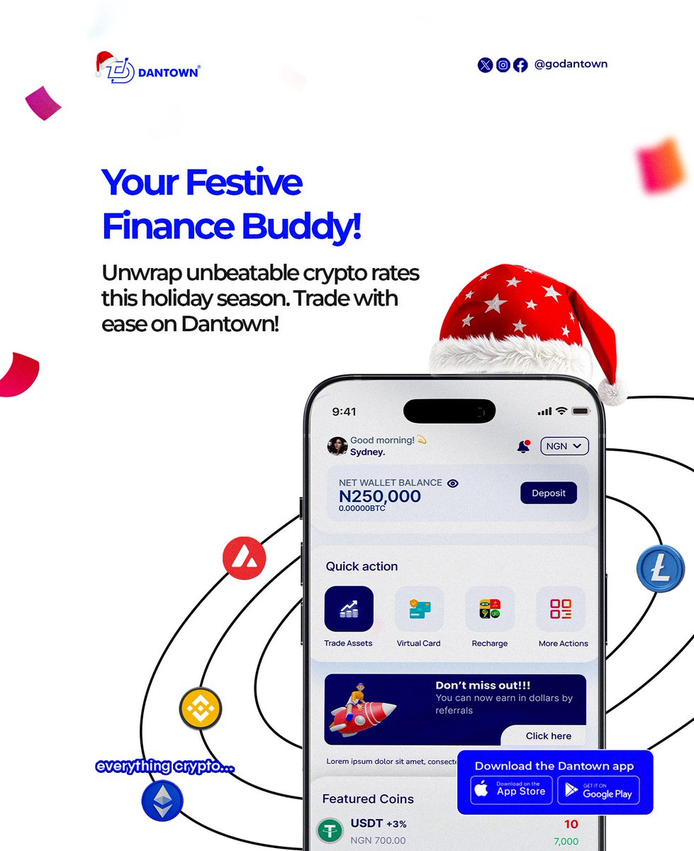 godantown's tweet photo. Gift yourself unbeatable crypto rates!

This season, trade with Dantown for secure transactions, fast cashouts, and rewarding experiences.  
Start trading today with Dantown!

#UnbeatableRates #CryptoTrading #DantownHoliday #SecureAndFast https://t.co/W27SMviErj