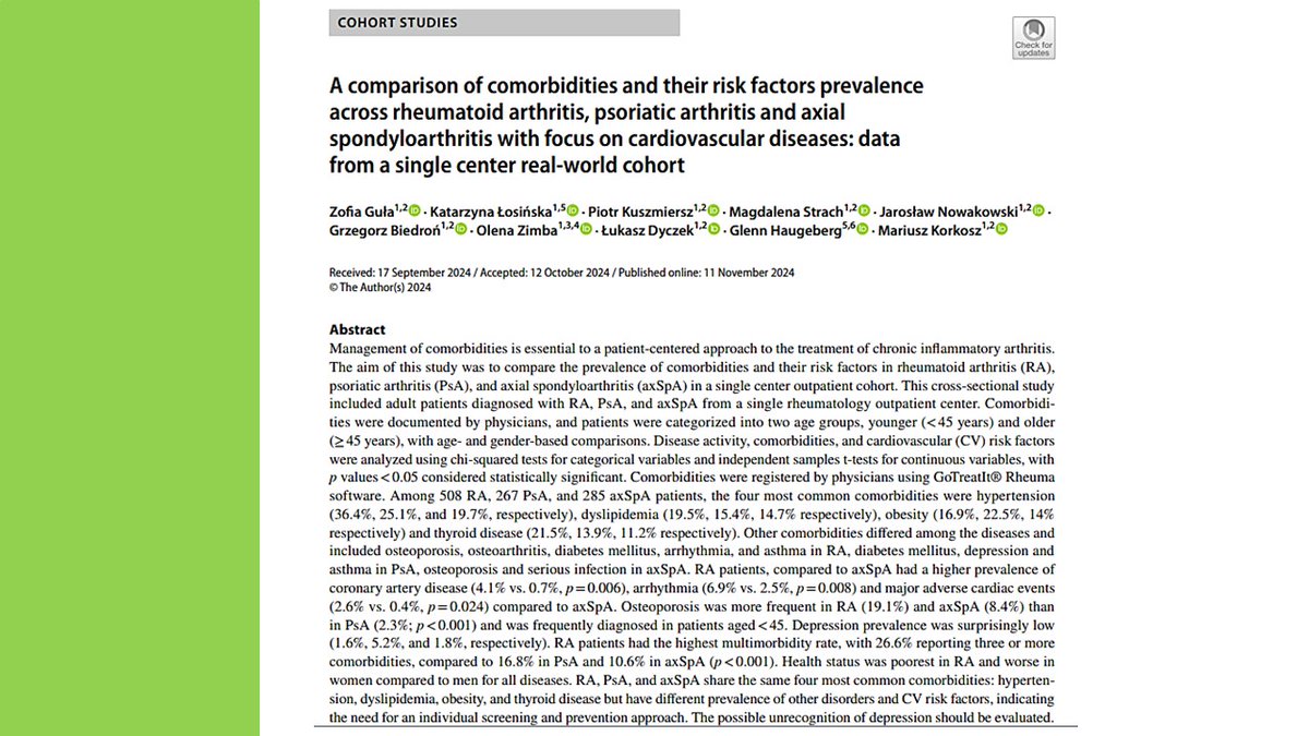 How do #comorbidities differ in #RA, #PsA, #axSpA?
✅ Top 4 shared comorbidities: hypertension, DLP, obesity, thyroid disease
✅ RA has the highest multimorbidity burden &amp; worse health status
✅ Depression may be underdiagnosed – better screening needed
bit.ly/4it6bZS