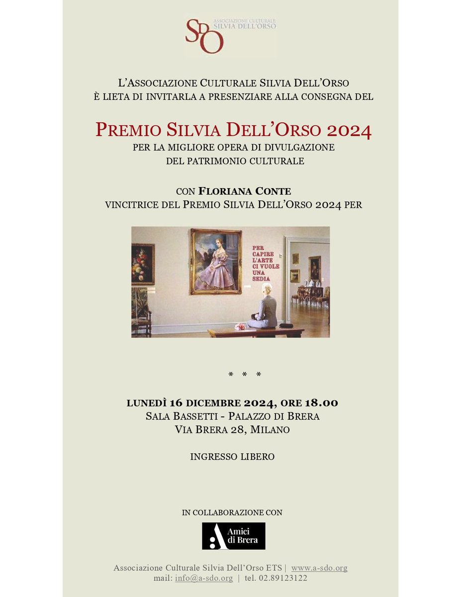 FlConte's tweet photo. Il 16 dicembre alle 18 alla @museobrera a Milano la rubrica "Per capire l'arte ci vuole una sedia" riceve il Premio "Silvia Dell'Orso". L'ingresso è libero. https://t.co/1Bu5Xn6E8t