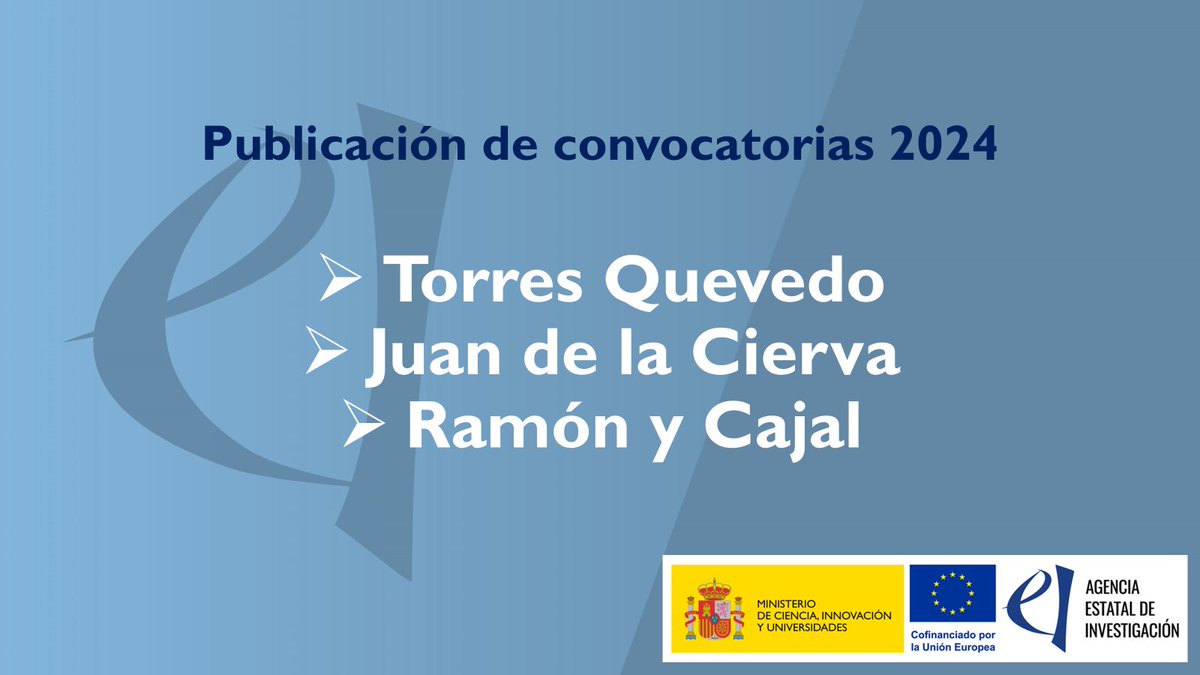 Agencia Estatal de Investigación (@ageinves) on Twitter photo ‼️ La <a href="/AgEInves/">Agencia Estatal de Investigación</a> destina 189,4 millones de euros para varias convocatorias de ayudas del año 2024 del Programa Estatal de Recursos Humanos:
🔹 Torres Quevedo: 20.100.000 €
🔹 Juan de la Cierva: 38.300.000 €
🔹 Ramón y Cajal: 131.056.800 €.
+ Info ➡️ aei.gob.es/noticias/agenc… ‼️ La <a href="/AgEInves/">Agencia Estatal de Investigación</a> destina 189,4 millones de euros para varias convocatorias de ayudas del año 2024 del Programa Estatal de Recursos Humanos:
🔹 Torres Quevedo: 20.100.000 €
🔹 Juan de la Cierva: 38.300.000 €
🔹 Ramón y Cajal: 131.056.800 €.
+ Info ➡️ aei.gob.es/noticias/agenc…