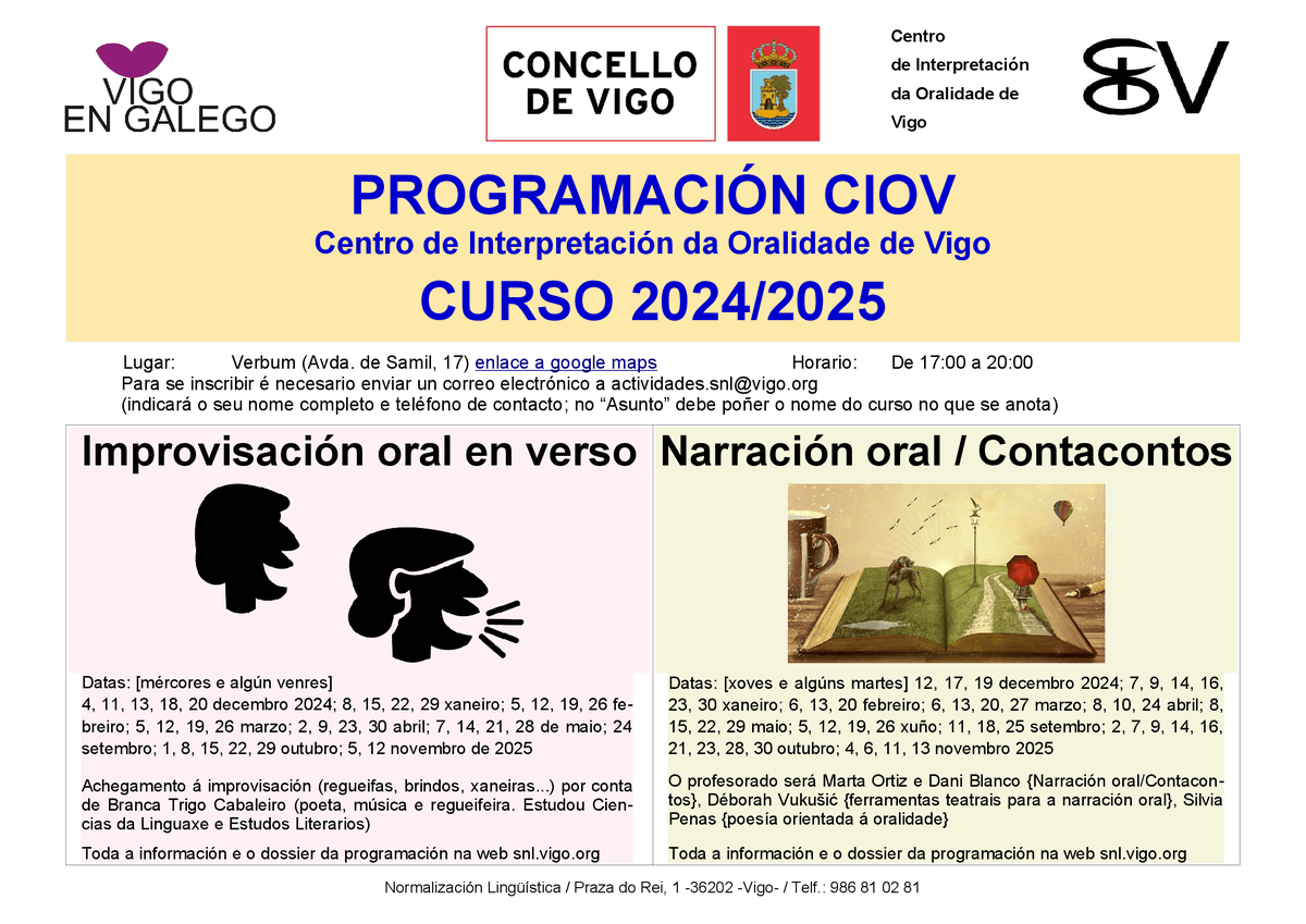 AELG (@aelg) on Twitter photo Vigo: obradoiros de Improvisación oral en verso, con Branca Trigo, e Narración Oral/Contacontos, con Silvia Penas, Marta Ortiz, Dani Blanco e Débora Vukusic: axendacultural.aelg.gal/2024/12/10/vig… <a href="/feracorrupia/">a Branca Trigo 🇵🇸</a> Vigo: obradoiros de Improvisación oral en verso, con Branca Trigo, e Narración Oral/Contacontos, con Silvia Penas, Marta Ortiz, Dani Blanco e Débora Vukusic: axendacultural.aelg.gal/2024/12/10/vig… <a href="/feracorrupia/">a Branca Trigo 🇵🇸</a>