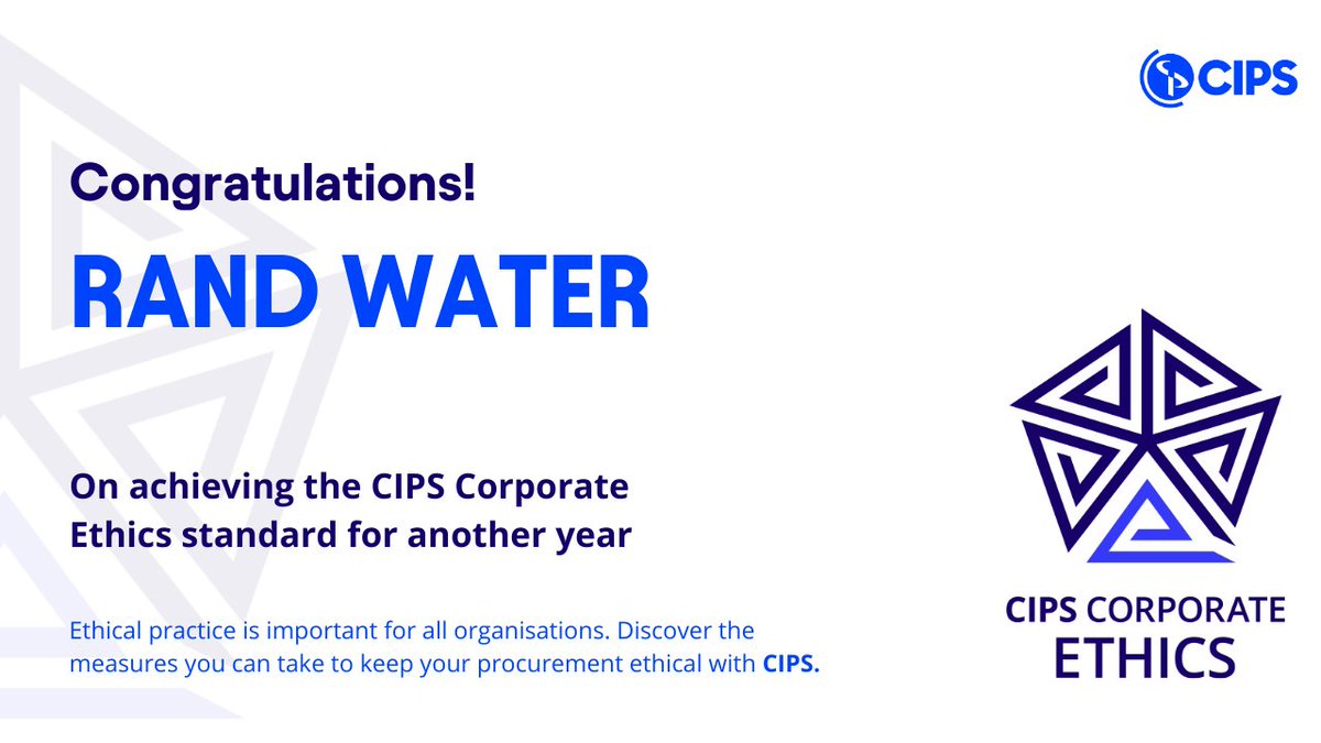 Congratulations Rand Water for earning the prestigious CIPS Corporate Ethics Mark – for 4 consecutive years

Let us help you to take the next steps to achieve your CIPS Corporate Ethics Mark by emailing saqueries@cips.org.za 

#CIPS #CIPSEthics #ProcurementExcellence #BeTheChange