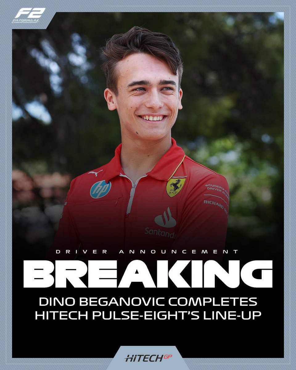 Formula2's tweet photo. BREAKING: Dino Beganovic secures a seat at @HitechGP for 2025! 🔒

He joins Luke Browning at the British squad, rounding out their all-rookie roster ✔️

#F2 #RoadToF1 https://t.co/xXHZ6HSjvJ