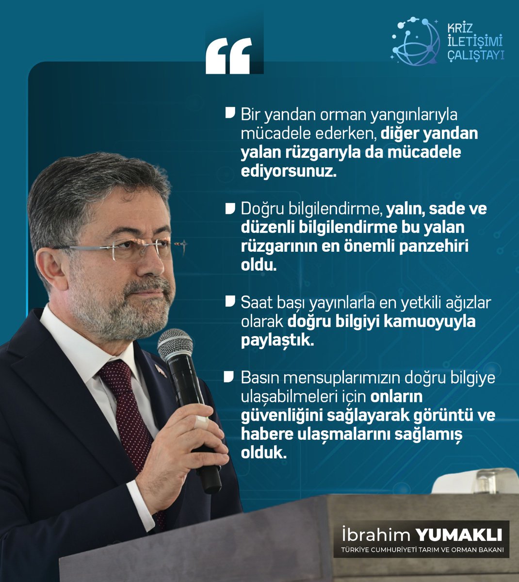 Tarım ve Orman Bakanı İbrahim Yumaklı:

"Bir yandan orman yangınlarıyla, diğer yandan yalan rüzgarıyla mücadele ediyorsunuz. Doğru bilgilendirme, yalın, sade ve düzenli bilgilendirme bu yalan rüzgarının en önemli panzehiri oldu."

#KriziletişimiÇalıştayı