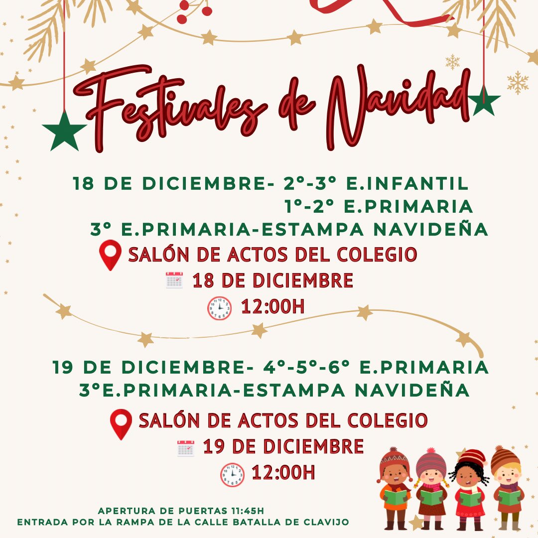 🎉✨ ¡Os invitamos a los próximos festivales de Navidad! 🎅🌟
📅 Fechas: 18 y 19 de diciembre📍 Lugar: Salón de actos ⏰12:00h
No te lo pierdas y trae a tus amigos y familia para vivir juntos la magia de la Navidad! 🎄🎁