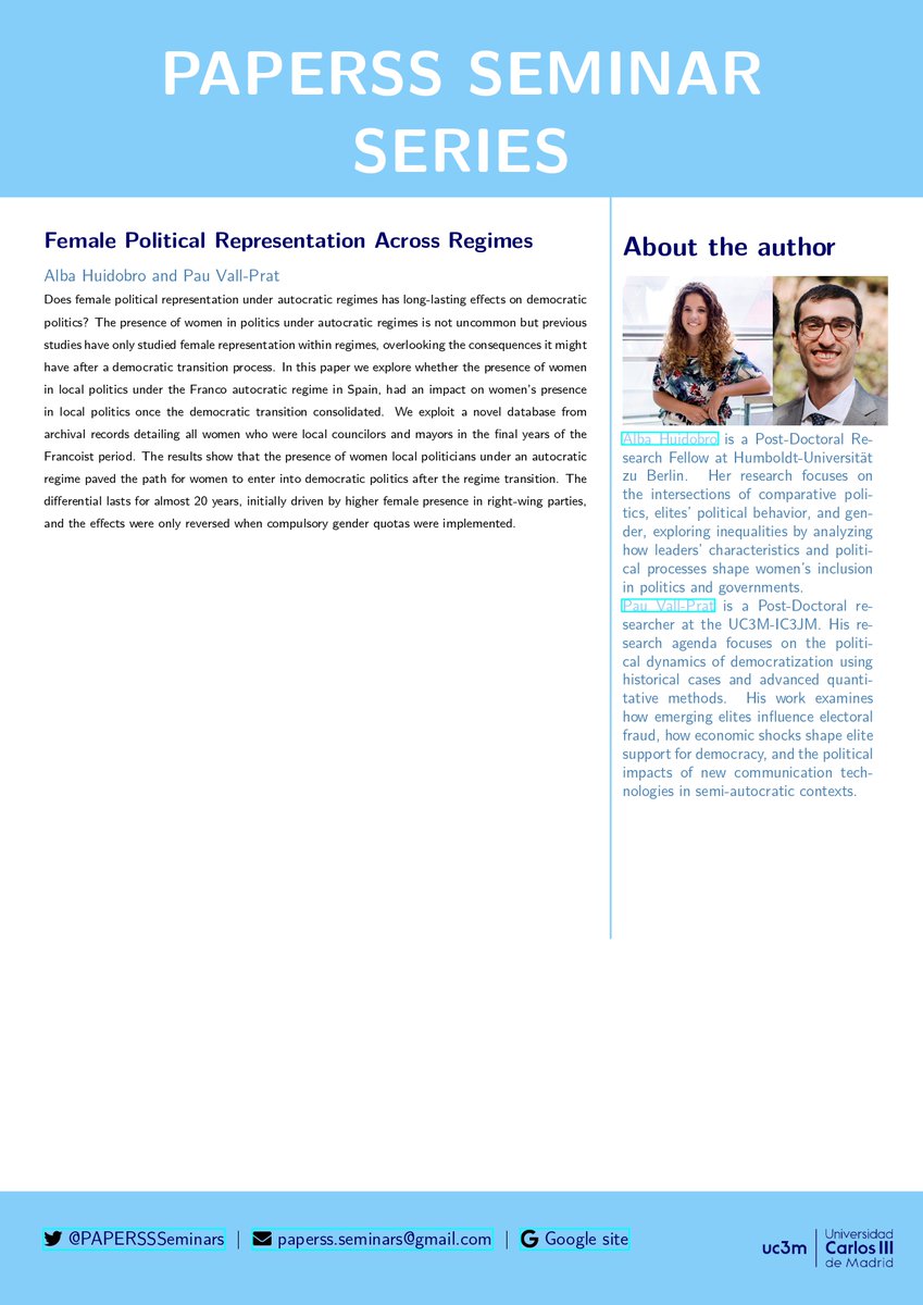 Pau Vall-Prat (@pauvallprat) on Twitter photo Today I'm very happy to participate at the <a href="/PAPERSSSeminars/">PAPERSS Seminar Series</a>, a great initiative by PhD students at <a href="/uc3m/">UC3M</a>. I'll present joint work with <a href="/albahuidobro/">Alba Huidobro</a> on female representation and regime transitions. You can follow it online here at 12.45pm (CET): ub-edu.zoom.us/j/94051819985?… Today I'm very happy to participate at the <a href="/PAPERSSSeminars/">PAPERSS Seminar Series</a>, a great initiative by PhD students at <a href="/uc3m/">UC3M</a>. I'll present joint work with <a href="/albahuidobro/">Alba Huidobro</a> on female representation and regime transitions. You can follow it online here at 12.45pm (CET): ub-edu.zoom.us/j/94051819985?…