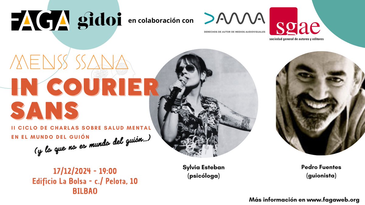 📢¡Dentro de una semana!📢
💭🎬MENS SANA IN COURIER SANS: Salud mental en el mundo del guion (y lo que no es 🌍 del guion)

🗓️17/12, 19:00
🏛️La Bolsa, Bilbao
🎤 Silvya Esteban (psicóloga) y <a href="/pedro_fuentes/">Pedro Fuentes 🏳️‍🌈</a> 🖋️ (guionista)

Organiza: GIDOI + <a href="/FagaGuionistas/">FAGA</a> , con DAMA y SGAE