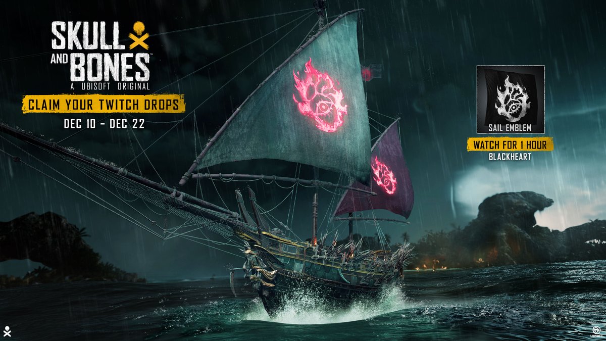 skullnbonesgame's tweet photo. We're teaming up with creator Blackheart to bring his emblem to life in-game! 🖤
From December 10th to 22nd, watch Skull and Bones for 1 hour on Twitch on Blackheart's stream to claim this exclusive reward!👇
 https://t.co/SuqjpPT7GV https://t.co/fvVFpclcNU