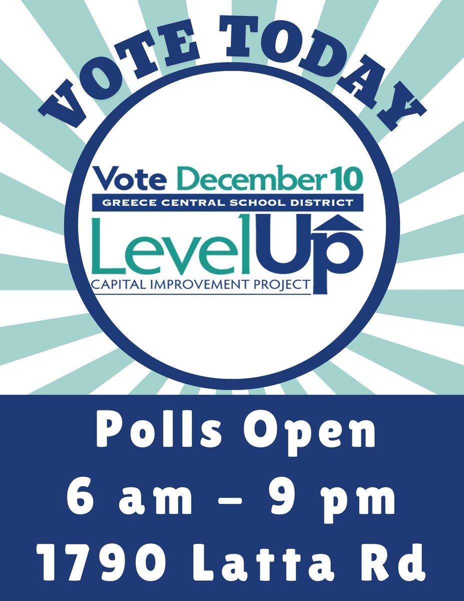 GreeceCentral's tweet image. Today is the Level Up Capital Improvement Project Vote! Polls will be open from 6 am-9 pm. For more information about the vote, visit our website: buff.ly/41Ywnmc