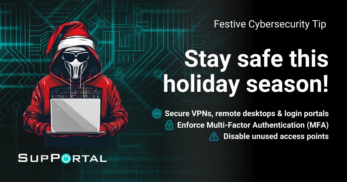 supportaluk's tweet image. 🎄 Cybersecurity Tip of the Month: Festive Edition 🎄

Secure your remote access points:
✅ Audit VPNs, remote desktops, and login portals.
✅ Disable unused systems.
✅ Enforce multi-factor authentication (MFA).

#Christmas #Cybersecuritythreats #Cybersecurityconsultant