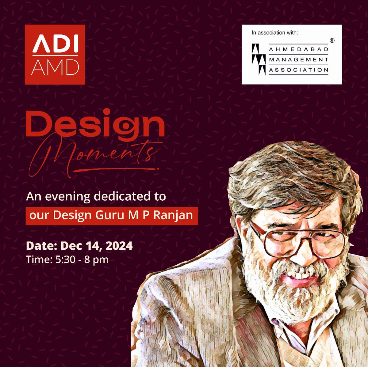 Design Moments
 
We invite you to an evening dedicated to our Design Guru M P Ranjan
 
An interactive discussion to learn of his immense contribution to design through his projects, teaching and their impact 

Registration link:
amaindia.org/ama-events-pro…
