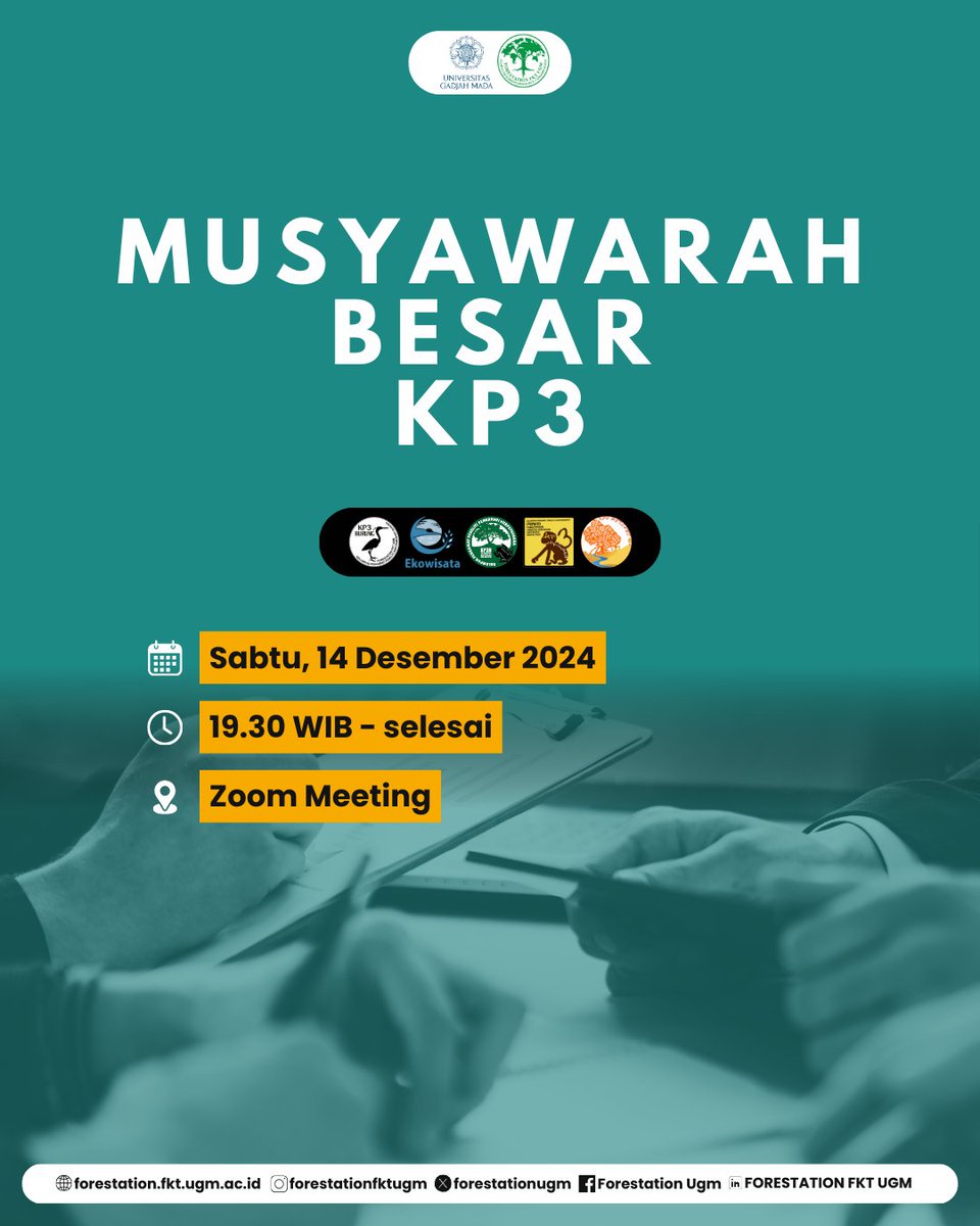 FORESTATIONUGM's tweet photo. [MUSYAWARAH BESAR KP3]

Halo sobat Gajah sumatera! 🐘👋
Sekarang saatnya kita menentukan koor yang akan membersamai perjalanan KP3 selanjutnya melalui
MUBES KP3 yang akan diadakan:

📅 Sabtu, 14 Desember 2024
🕖 19.30 WIB-selesai
📍 Zoom Meeting (link menyusul)

KSDH JAYA! https://t.co/fQjv2DvHfq