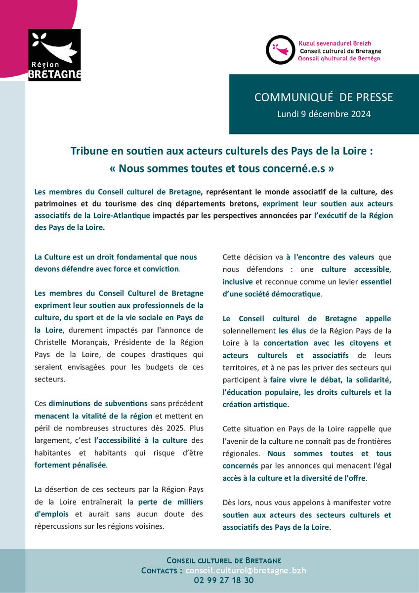 Lors de sa session du 30 novembre, le Conseil culturel de #Bretagne a  voté une tribune en soutien aux acteurs culturels des Pays de la Loire suite au  projet de coupes drastiques dans le budget régional de la culture. Nous sommes toutes et tous concerné.e.s!
