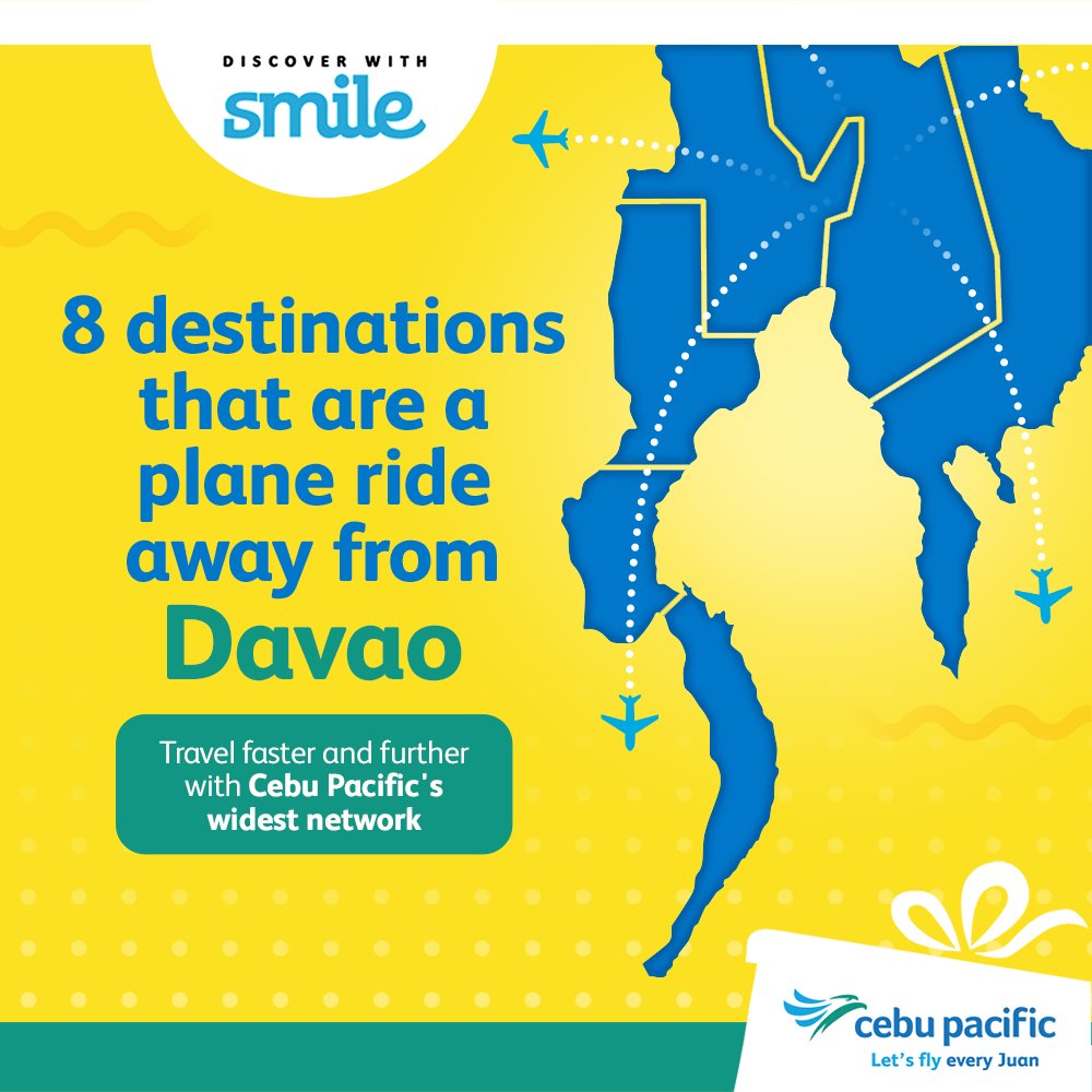 CebuPacificAir's tweet photo. Fly from Davao and discover the new and exciting experiences that await you in these local &amp; international destinations. 

Start your next adventure from Davao: https://t.co/AnY4151S8h.

#SmileWithCEB
#LetsFlyEveryJuan https://t.co/6kEaGxVcUP