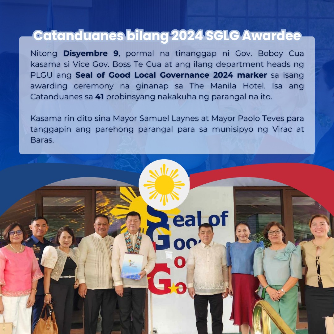 Gov_Boboy's tweet photo. Kasabay nin Catanduanes, nakaresibe man nin parehas na award ang MLGU nin Virac asin Baras.

Bilang awardee, makakaresibe kita kan Incentive Fund na 3 Million Pesos na pwedeng ma-alokar sa mga programa nin probinsya.

Ini, satuyang alay sa Diyos asin sa mga Catandunganon. Mabalos https://t.co/q1dDAgHfpq