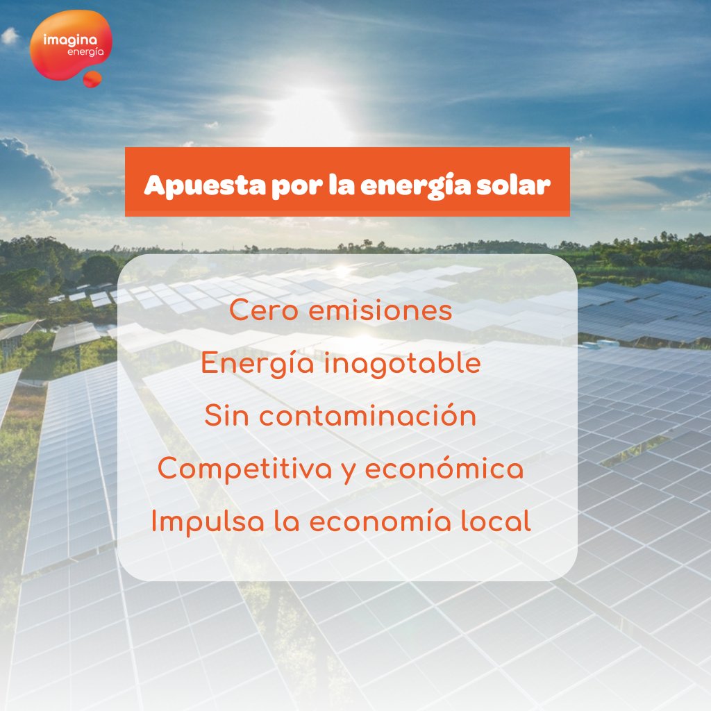 🌞 Energía solar: limpia, renovable y accesible. 

En Imagina Energía, apostamos por un futuro más verde con nuestra energía de origen 100% solar. 

Menos emisiones, mayor competitividad y economía local fortalecida.

Juntos, podemos transformar el mañana. 🌍💡  

#EnergíaSolar