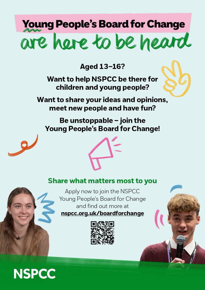 NSPCC_Cymru's tweet image. Aged 13–16?

Want to help NSPCC be there for children and young people? 

Want to share your ideas and opinions, meet new people and have fun? 

Apply now to join the NSPCC Young People’s Board for Change and find out more at nspcc.org.uk/boardforchange